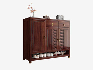  新中式 进口乌金木 纹理自然温润 科学设计分区多元化储物 鱼鳞纹雕花工艺面板 黑檀色 1.2米 鞋柜