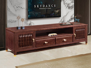  新中式 进口乌金木 纹理自然温润 科学设计分区多元化储物 格栅柜门装饰 黑檀色 2.4米 电视柜