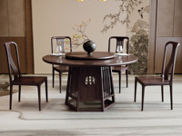 檀影轩 新中式 进口乌金木 纹理自然温润 传统鱼鳞纹镂空雕花工艺 格栅设计 黑檀色 1.5米 餐桌（搭配90公分转盘）
