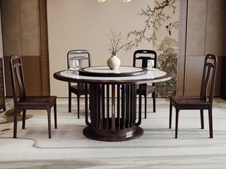  新中式 进口乌金木 纹理自然温润 细腻柔滑岩板 独特镂空竖线桌腿 五金装饰点缀 黑檀色 1.35米 餐桌（搭配80公分转盘）