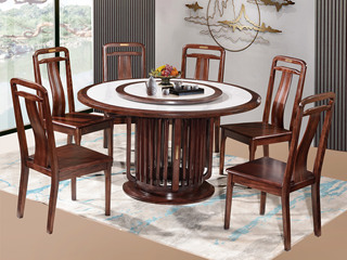  新中式 进口乌金木 纹理自然温润 细腻柔滑岩板 独特镂空竖线桌腿 五金装饰点缀 黑檀色 1.5米 餐桌（搭配90公分转盘）