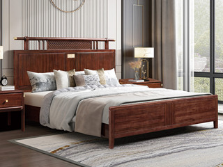  新中式 进口乌金木 纹理自然温润 宽阔床屏舒适大气 传统雅致雕花工艺 精致五金装饰点缀 1.5*2.0米 实木床（搭配松木床板条）