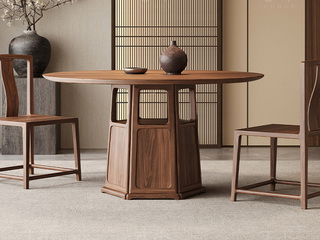  宋式美学 团圆实木餐桌 高品级北美进口白蜡木框架 通透镂空锥形柱体桌腿 简约圆润实木大板台面 胡桃色 1.35米 餐桌