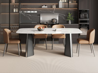 歌迪 极简风格 质地晶莹中花白大理石 防磕碰马肚造型台面 独特双C折角造型 灰钛拉丝不锈钢桌腿 1.4米 餐桌