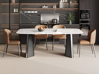  极简风格 质地晶莹中花白大理石 防磕碰马肚造型台面 独特双C折角造型 灰钛拉丝不锈钢桌腿 1.4米 餐桌