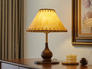 【包邮】 宋式美学风格 橡木+铁艺+仿羊皮灯罩 客厅卧室中古系列 实木LT8007-胡桃-三色 胡桃木色 台灯(含光源 E27)（内蒙古，新疆，西藏，青海，甘肃、宁夏等地区不包邮 运费请咨询客服)