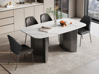 歌迪 意式极简 简洁雅致中花白大理石 防磕碰马肚造型台面 圆润弧边精细打磨 创意菱形折叠拉丝不锈钢支撑脚 用料扎实承重更稳 1.4米 餐桌