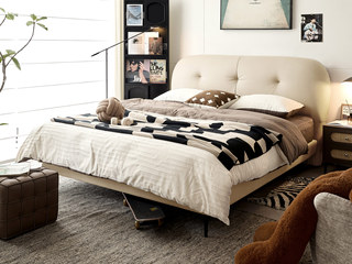  顾家家居旗下轻时尚品牌 极简风格 吐司床 细腻柔软仿真皮“气垫”般松软靠感 高弹饱满海绵大靠包 设计感深拉点 坚实稳固碳素钢脚 菱花白 1.5*2.0米 床（搭配5D实木静音排骨架）