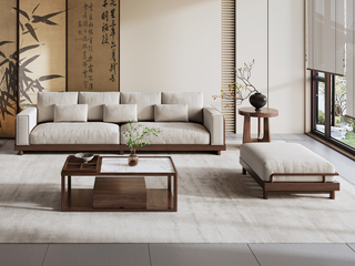  宋式美学 云雅沙发 高品级北美进口白蜡木 舒适透气棉麻布 坐深宽敞肆意躺卧 舒适靠背云感高弹座包 沙发组合 四人位+脚踏