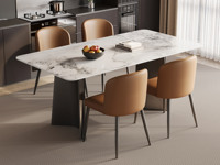 歌迪 极简风格 淡雅精致亮光香奈儿岩板 防磕碰直边圆角造型台面 独特双C折角造型 灰钛拉丝不锈钢桌腿 1.4米 餐桌