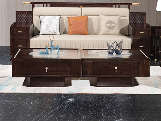  新中式 进口乌金木 纹理自然温润 细腻柔滑岩板 立体竖线纹理装饰板 精致金色拉手造型 黑檀色 1.0米 茶几（单个茶几）