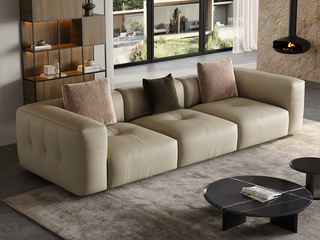  意式极简 气泡全真皮沙发 至臻头层黄牛皮 蓬松羽绒+高弹饱满海绵双重体验 云端深度解压 宽厚大扶手枕靠舒心 直排四人位沙发