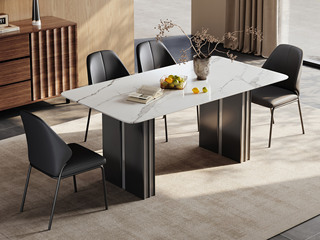  极简风格 质地坚实中花白大理石 纹理柔滑细腻 线条利落轮廓鲜明 黑钛拉丝+灰钢栅格腿 坚实稳固 1.4米 餐桌