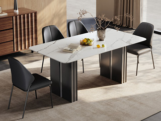  极简风格 质地坚实中花白大理石 纹理柔滑细腻 线条利落轮廓鲜明 黑钛拉丝+灰钢栅格腿 坚实稳固 1.6米 餐桌