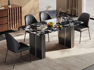  极简风格 高奢柔滑宝格丽黑大理石 质感坚实细腻 线条精致利落 黑钛拉丝+灰钢栅格腿 沉稳轻盈硬核承重 超宽敞桌底空间 1.4米 餐桌