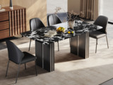 歌迪 极简风格 质地坚实宝格丽黑大理石 纹理柔滑细腻 线条利落轮廓鲜明 黑钛拉丝+灰钢栅格腿 坚实稳固 1.6米 餐桌