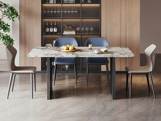  极简风格 精选华贵潘多拉大理石 触感温润顺滑 钻石棱角灰钢拉丝不锈钢桌腿 底部无遮挡宽阔不拘束 1.4米 马肚型 餐桌