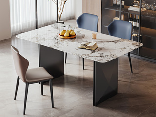  极简风格 精选华贵潘多拉大理石 触感温润顺滑 钻石棱角灰钢拉丝不锈钢桌腿 底部无遮挡宽阔不拘束 1.6米 马肚型 餐桌