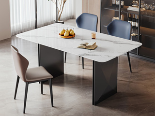  极简风格 色泽柔和花白大理石 触感温润顺滑 钻石棱角灰钢拉丝不锈钢桌腿 底部无遮挡宽阔不拘束 1.6米 马肚型 餐桌
