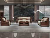 云柚居 新中式 进口实木沙发 自然清晰实木纹理 细腻柔软仿真皮 饱满拉点舒适承托 优雅金色网格装饰面 沙发组合 单人位+双人位+三人位