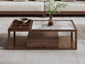 忆宋风华 宋式美学 高品级北美进口白蜡木 晶莹柔润亮光潘多拉岩板 分区置物格有序收纳 双层开放大容量储物 1.4米 胡桃色 茶几