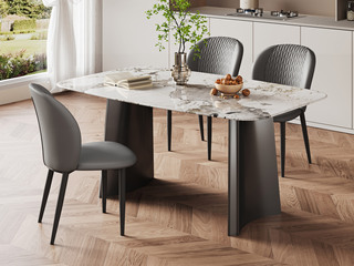  极简风格 月弧餐桌 流光溢彩潘多拉大理石 半月弧形立体支撑 稳固几何强力承重 质感高级灰钢拉丝脚 圆弧转角工艺 1.4米 餐桌