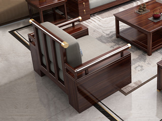  新中式 进口实木沙发 抗菌防污猫抓皮+高回弹海绵 高质感镀铜工艺 单人位沙发