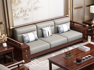  新中式 进口实木沙发 抗菌防污猫抓皮+高回弹海绵 高质感镀铜工艺 三人位沙发