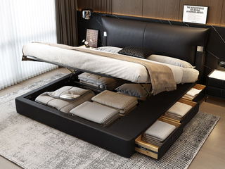  极简风格 巴甫洛夫皮艺床 高箱+抽屉组合 大容量储物设计 透气舒适仿真皮 质感双边U字型五金 精致蜈蚣黑钛五金脚 黑色 1.8*2.0米齐边床（面向床抽屉在右）