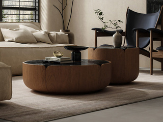  极简风格 自然纹理白蜡木皮 边角圆弧打磨呵护级防撞设计 高质感科技石 花瓣茶几组合 大圆+小圆