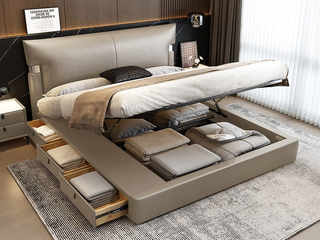  极简风格 巴甫洛夫皮艺床 高箱+抽屉组合 大容量储物设计 透气舒适仿真皮 质感双边U字型五金 精致蜈蚣黑钛五金脚 卡其灰 1.5*2.0米齐边床（面向床抽屉在左）
