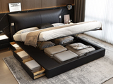 欧瑞仕 极简风格 巴甫洛夫皮艺床 高箱+抽屉组合 大容量储物设计 透气舒适仿真皮 质感双边U字型五金 精致蜈蚣黑钛五金脚 黑色 1.8*2.0米齐边床（面向床抽屉在左）