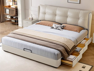 【现货】 极简风格 高定头层黄牛皮 全实木抽屉 宽大饱满有型高靠包 床侧多功能储物三抽 收纳力Max 右抽屉款  1.8*2.0米床（搭配10公分松木排骨架）（面向床抽屉在右）