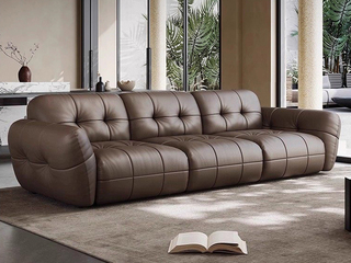  意式极简 元宝真皮沙发 高定头层黄牛皮 高密度海绵饱满有致舒适承托 全拉点设计精致包裹不变形 圆润外翻扶手 直排四人位沙发