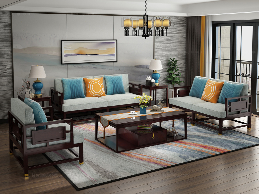 邦美森 金丝檀木 舒适布艺 新中式沙发 三人位沙发