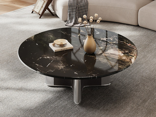  意式极简 加厚36MM黑曜石大理石 纹理细腻多彩 边角圆弧安全防撞 设计感几何底座 红古铜+镜面拼色不锈钢支架 经久耐用 1.0米 茶几