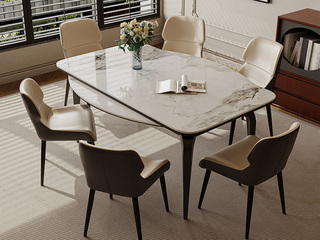  意式极简 通透易洁香奈儿亮光岩板 伸缩功能桌面切换自如方圆两用 灵活适配大小户型 流线型设计轻松解锁N种场景 伸缩跳台1.4米餐桌