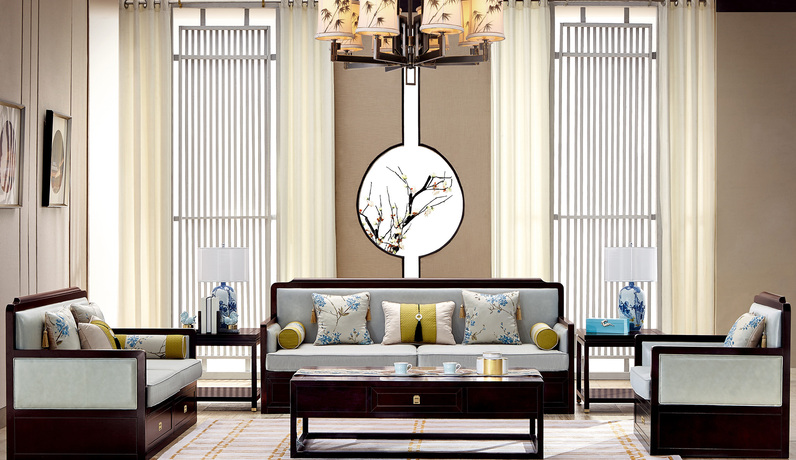 墨舍 新中式 东南亚进口红檀木 超纤皮（靠背接触面） 麻布（座包） K905 沙发组合（1+2+3）（三人位为整体沙发 下单前需确认电梯和楼梯尺寸）