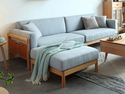  北欧风格 榉木坚固框架 棉麻布艺 原木色 沙发组合（四人位+脚踏）
