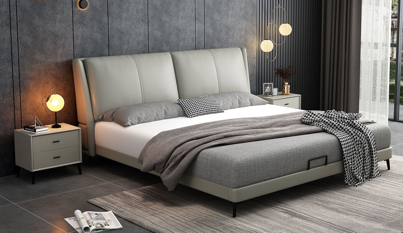 皮艺工坊 极简风格 皮艺 高级中性灰 柔软轻盈靠背 1.8*2.0米双人床