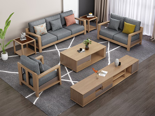  北欧风格 泰国进口橡胶木坚固框架 优质棉麻布艺 沙发组合（1+2+3）