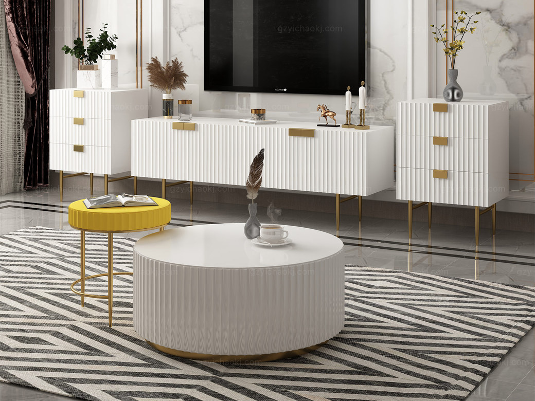 梵克美家 轻奢风格 精美条纹设计 优雅镀金支脚 梦幻白 大圆茶几