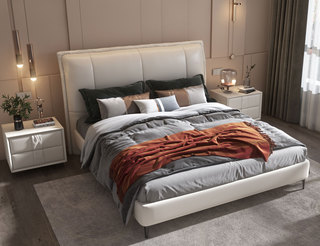  现代简约 科技布+实木框架 高弹海绵 米白色 1.8*2.0米双人床（搭配10公分松木排骨架）