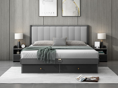  现代简约 浅灰色 靠背接触面优质超纤皮 储物抽屉设计长1.2*2米HB-1701板木高箱床（008靠枕）床