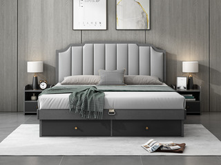  现代简约 浅灰色 靠背接触面优质超纤皮 储物抽屉设计1.8*2.0米 HS-1706板木高箱床