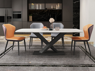  极简 雪山石哑光岩板 碳素钢黑砂底架 1.4米 长餐桌