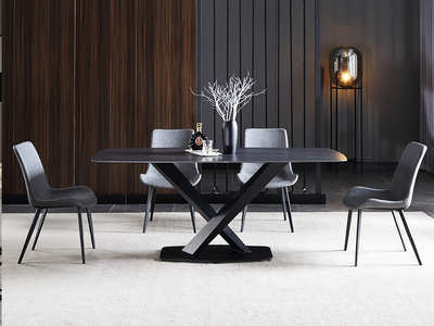  极简 劳伦黑金岩板 碳素钢黑砂底架 1.4米 餐桌