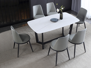  极简 雪山石哑光岩板 碳素钢黑砂底架 1.3米 长餐桌