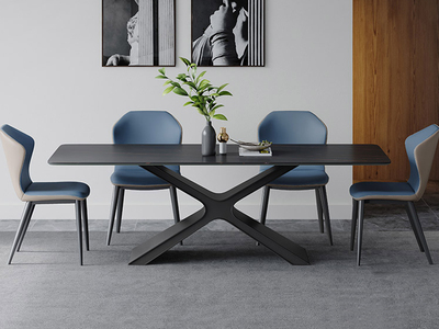  极简 劳伦黑金岩板 碳素钢黑砂（底架） 1.5米 长餐桌