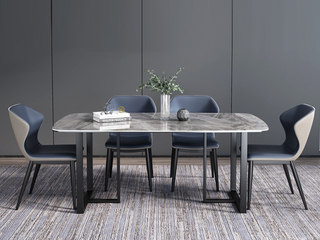  极简 意大利灰亮光岩板  碳素钢黑砂（底架） 1.6米 长餐桌